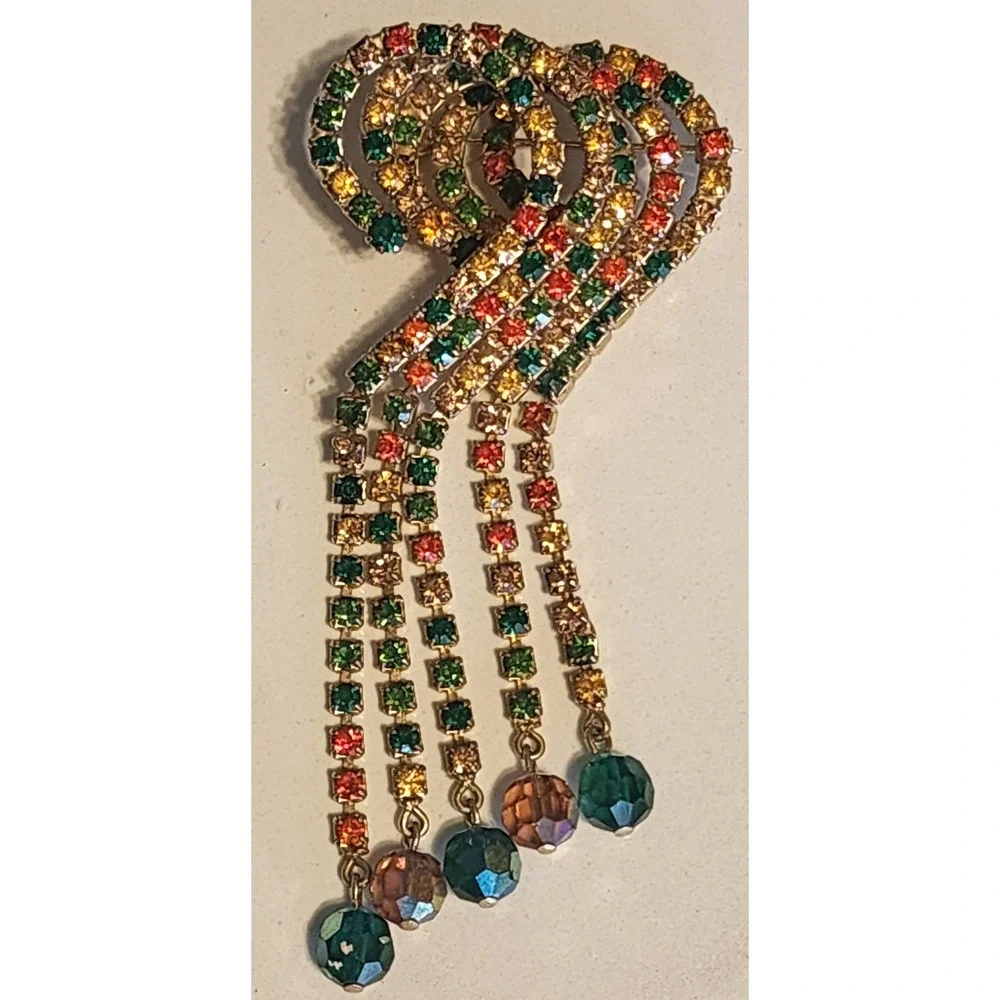 Vintage Multi Color Rhinestone Waterfall Fringe Brooch Gold Tone Crystal Dangle